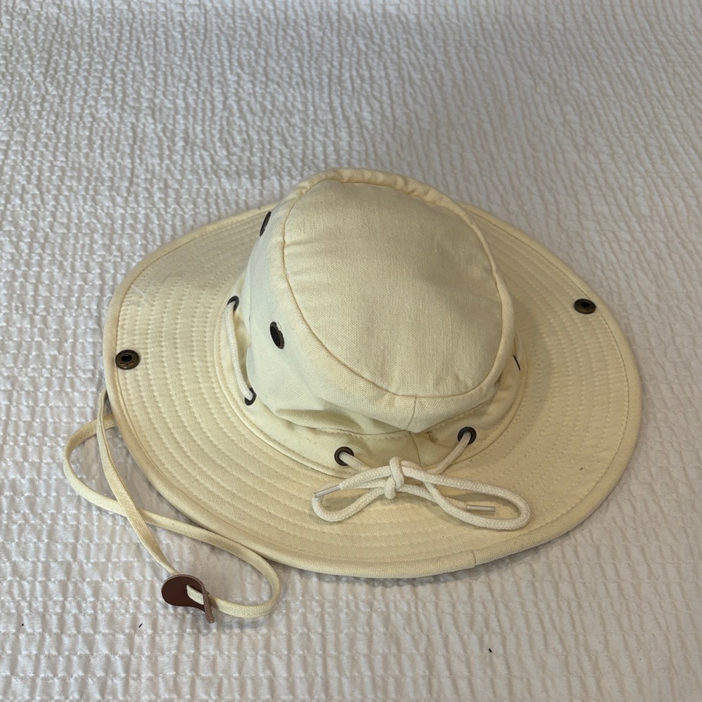 Bush line Cream Canvas Wide Brim Boonie  Hat with Chin Strap